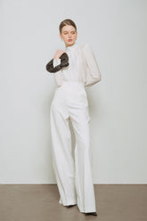 Structured blouse with gathered neckline and tailored cuffs in sheer textured fabric